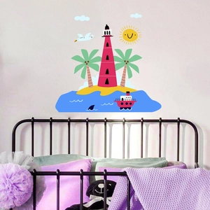 Cartoon island lighthouse wall sticker with palm trees and sun for kids room decor