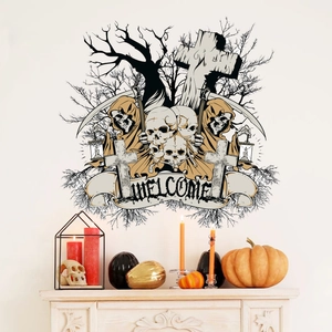 Gothic Halloween wall decal featuring skeleton reaper and Welcome banner on a white wall