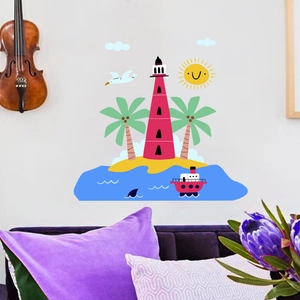 Cartoon Lighthouse Island Wall Sticker PVC Self Adhesive Sea Theme Decal For Kids Room Nursery Bedroom Home Decor