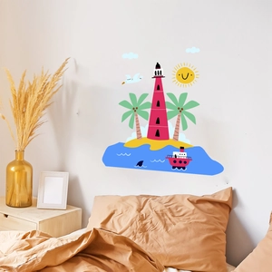 Cartoon island lighthouse wall sticker with sun and boat for kids bedroom decor