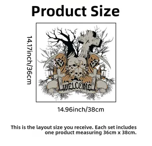 Detail showing 36x38cm Halloween wall sticker with skeletons, graves and Welcome banner