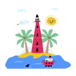 Cartoon nautical wall sticker with red lighthouse, tropical island and sun for room decor