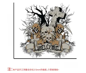 Macro view of Halloween wall sticker featuring grim reaper, skulls and welcome text