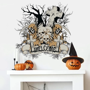 Gothic Halloween wall decal featuring grim reaper, skulls, and Welcome banner for home decor
