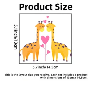 Macro layout of giraffe and heart wall stickers with precise size measurements