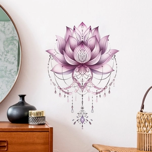 Sticker Mural Mandala Lotus Violet Bohème Zen Floral Décalcomanie pour Salon Chambre PVC Autocollant Décoration Maison Murale