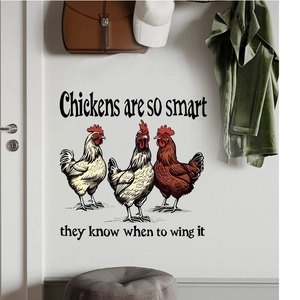 Kitchen wall decal featuring three roosters with humorous English text for home decor