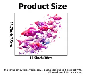Macro layout showing product dimensions of 38cm by 35cm for geometric fish wall stickers
