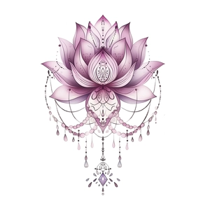 Sticker mural lotus violet élégant avec symétrie mandala et détails de gemmes suspendues