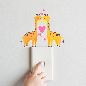 Cute cartoon giraffe wall stickers with pink hearts for kids bedroom light switch decor