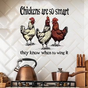 Kitchen wall decals featuring three colorful roosters and smart chicken humor typography
