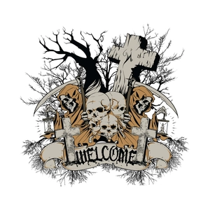Gothic Halloween wall sticker with three grim reapers, skulls and grave motifs
