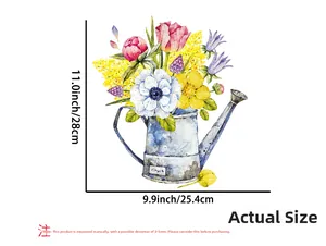 Detailed dimensions of watercolor floral watering can wall sticker with size labels