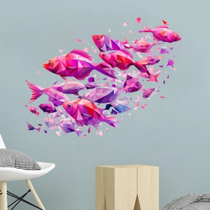 Modern 3D geometric fish wall stickers in pink and purple colors for home decor
