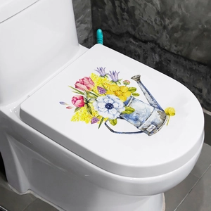 Watercolour flower toilet lid sticker featuring tulips and vintage watering can decor