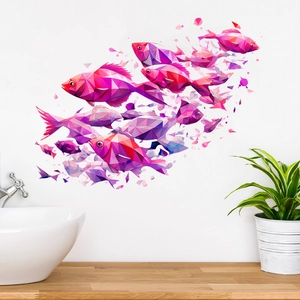 Modern 3D geometric fish wall decals in pink and purple for living room wall decor