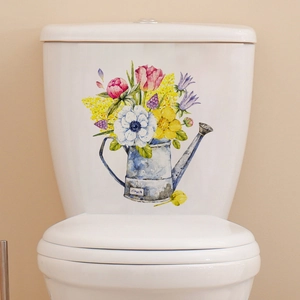 Watering Can Flowers Toilet Sticker Waterproof PVC Floral Wall Decal For Bathroom Restroom Restroom Bedroom Home Decoration