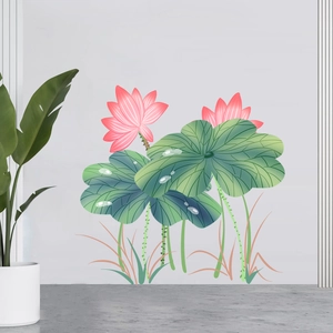 Pink lotus and green lily pads wall decals for elegant living room wall decoration