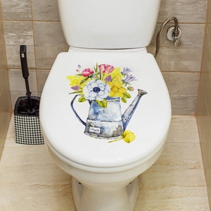Watering can and vibrant flowers watercolor wall sticker decor for bathroom toilet
