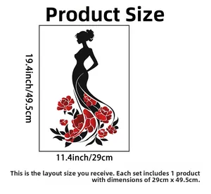 Detail size chart for rose floral woman silhouette wall sticker measuring 29cm x 49.5cm