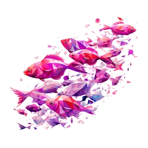 Modern low-poly geometric fish wall stickers in shades of red and pink for living room decor
