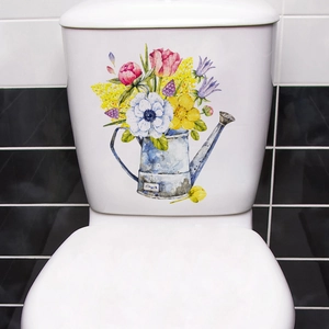 Waterproof floral toilet sticker with watercolor watering can and tulip bouquet for decor
