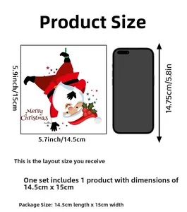 Size guide showing 14.5x15cm Christmas sticker dimensions compared with a smartphone