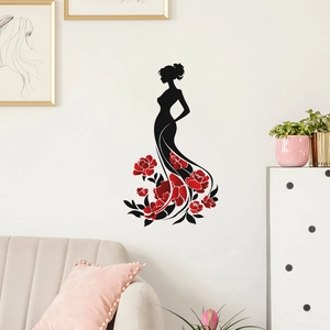 Elegant wall sticker with female silhouette and red roses for home decoration