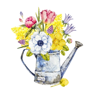 Vintage metal watering can wall decal with colorful watercolor floral bouquets and anemones