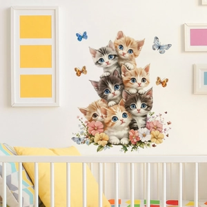 Süße Cartoon Katzen Wandaufkleber mit Blumen für gemütliche Kinderzimmer Wanddekoration