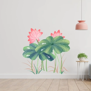 Pink lotus and green lily pads wall stickers for bedroom and living room wall decor