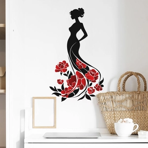 Elegant Woman Silhouette Wall Sticker With Red Rose Flowers Modern PVC Artistic Decal For Bedroom Living Room Home Decor