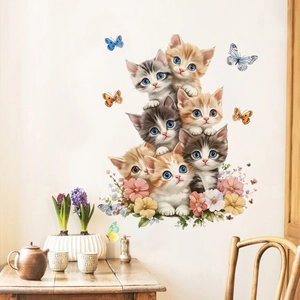 Süße Katzen Wandaufkleber mit Blumen und Schmetterlingen für Kinderzimmer Deko