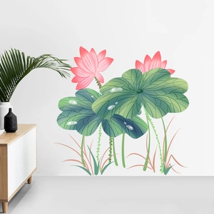 Removable PVC Lotus Flower Green Leaf Wall Stickers Floral Plant Wall Decal For Living Room Bedroom Entrance Home Decor