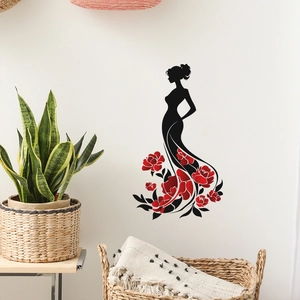 Elegant female silhouette wall sticker with red peony floral dress for room decor