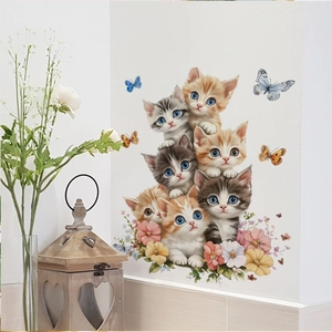 Niedliche Cartoon-Katzen und bunte Blumen-Schmetterlinge Wandaufkleber für Schlafzimmer