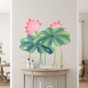 Pink lotus flower and green leaf wall stickers for living room and bedroom decor