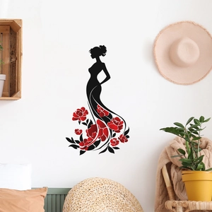 Elegant female silhouette wall decal with red roses for modern bedroom or living room decor