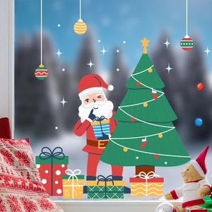 Dettagli degli adesivi natalizi per finestre con Babbo Natale, albero e scatole regalo