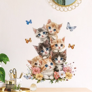 Süße Cartoon Kätzchen Blumen Schmetterlinge Wandtattoo PVC Abnehmbare Wandaufkleber Für Wohnzimmer Schlafzimmer Home Deko