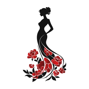 Elegant woman silhouette wall decal with red rose floral dress for room decoration