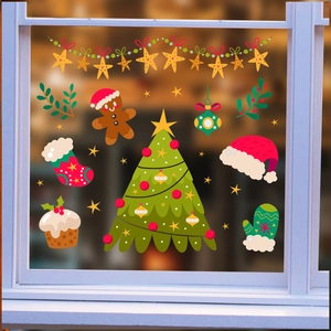 Christmas tree window decals set with gingerbread man and stars for festive home decor
