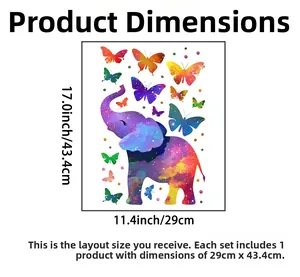 Detailed size specification for watercolor elephant and butterfly wall decal sheet