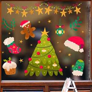 Christmas window stickers set featuring Christmas tree and gingerbread man on glass
