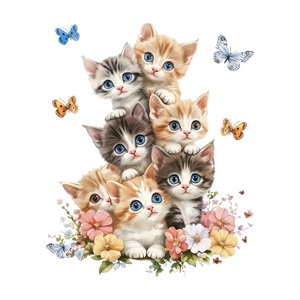 Wandsticker mit sechs süßen Kätzchen, bunten Schmetterlingen und Blumen für die Schlafdeko