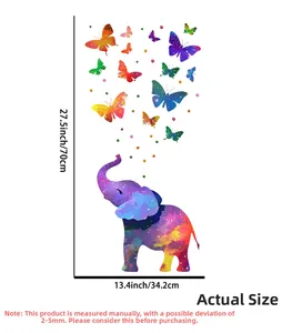 Detail view of colorful elephant and butterfly wall decal with starry galaxy texture
