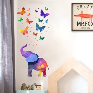 Artistic galaxy watercolor elephant and butterfly wall decals for home room decoration