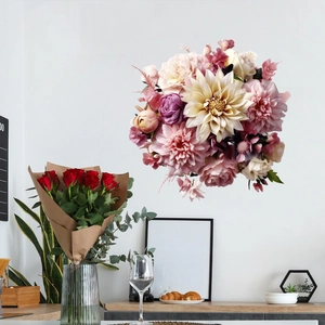 Detail of floral wall decals featuring pink dahlia and peony over a white sideboard