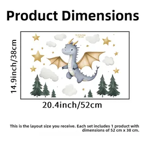 Detail of cute dinosaur and cloud wall stickers with layout dimensions 52x38cm