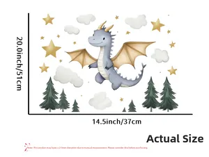 Detailed size specifications for cartoon dinosaur wall stickers with stars and clouds